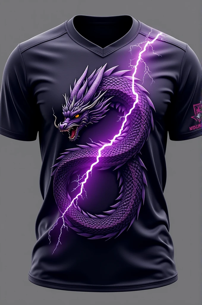 Create an interclass futsal school shirt,that has a dragon and lightning bolt design on the print,and that it be black and purple.