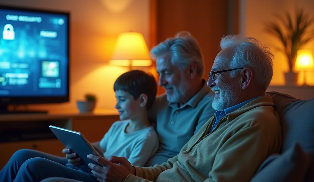 n a tecnologicam and futuristic home, a friendly family, man, woman, , grandfathers relaxing at home, looking to a tv screen with menus of a security interface, the kid holding a tablet pc, they all are smile, the ambient is a warm e sweet home, a little futuristic, with warm and light colors, DOF, kodak portra, Canon EOS D. 🤖⭕