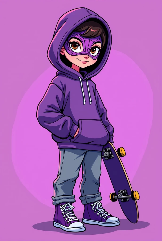 cartoon drawing with a purple spiderman mask, purple hoodie and loose gray pants, with purple shoes and skateboard and brown eyes with purple background