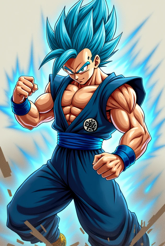 Vegito Ssj Blue throwing a fist with his left hand with a shintani drawing style