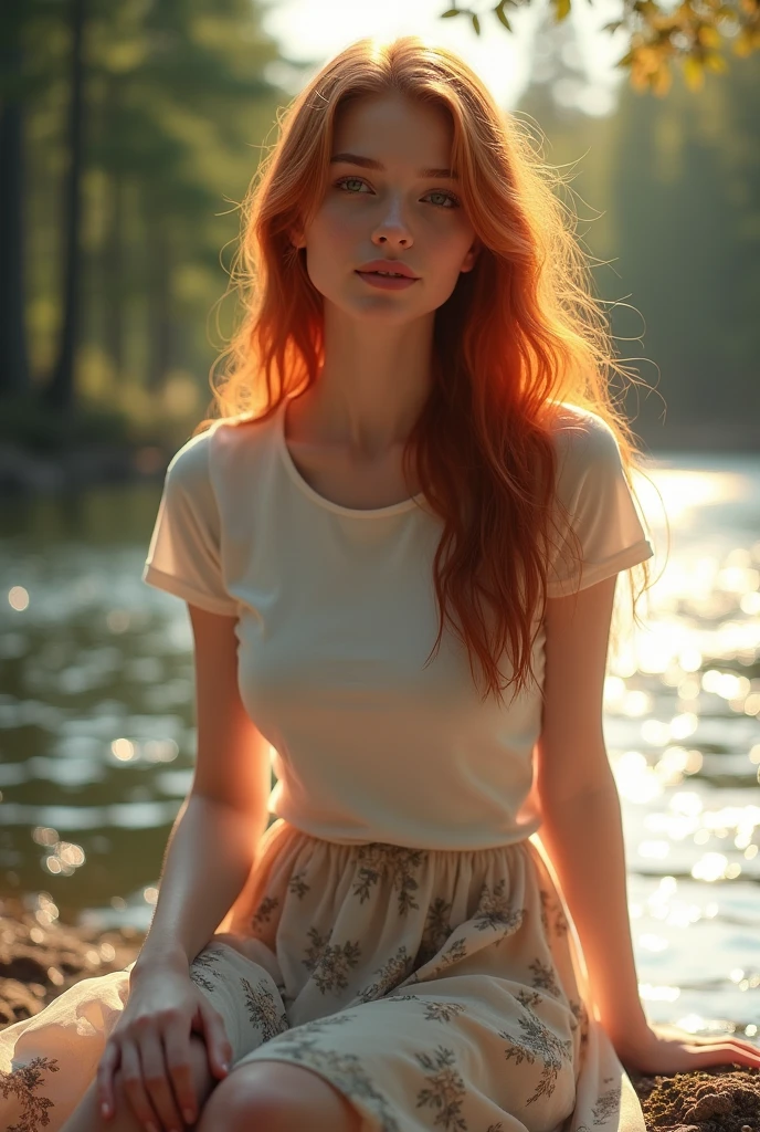 A beautiful Russian woman, , wearing a white T-shirt and a modest long skirt with floral patterns, With long, straight, red hair,Sitting by the edge of a beautiful flowing river surrounded by tall pine trees on a bright morning, the shining sunlight can be seen., shine it,facing the camera,