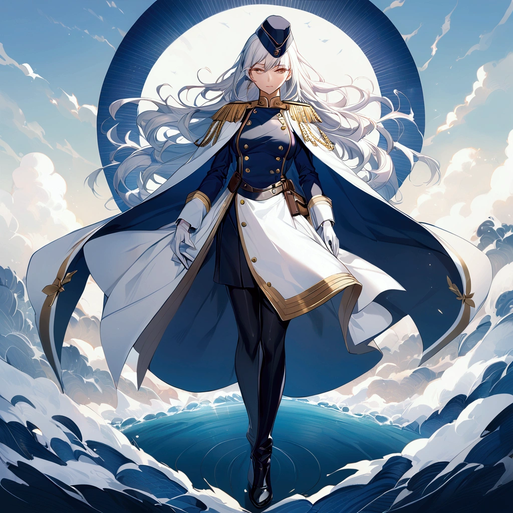 Office background, daytime, Military uniform, dark blue uniform, navy uniform, white glove, short white cape, military cap, military garrison cap, 1girl, white hair, shining hair, medium breast, full body shot, epic, facing viewer,