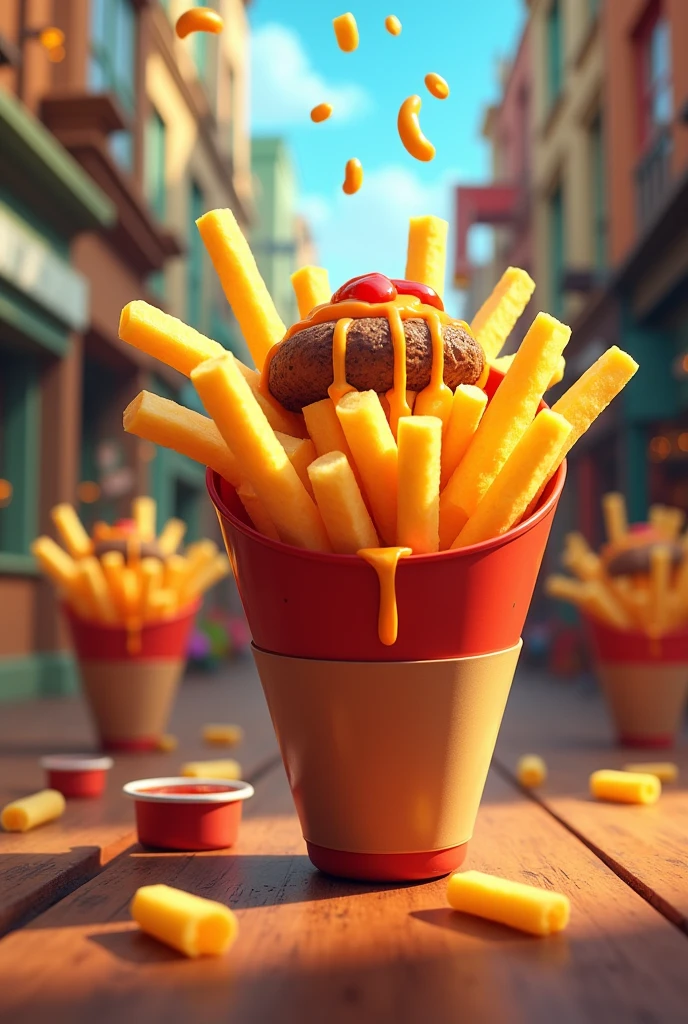 Please create an image of french fries in cones with a meat topping, melted cheese, and sauces. , Animated hello Cuphead theme 
