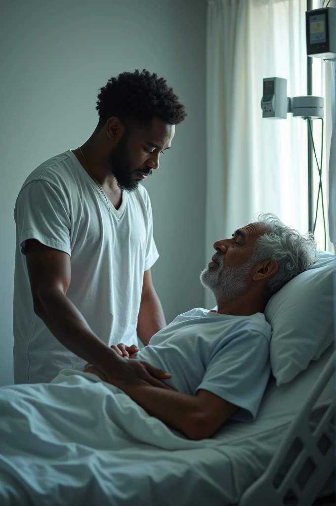 25-year-old black man stands next to his father with cancer in the hospital