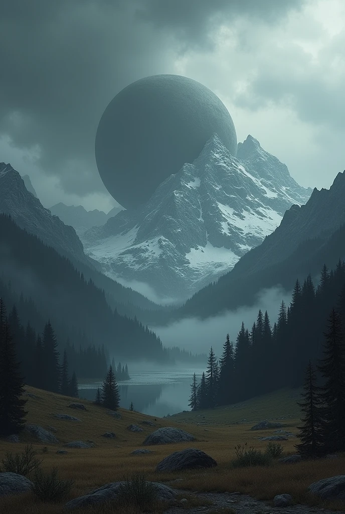 A dark heavy rain storm, brooding view of a mountain range under a stormy, overcast sky. The peaks are rugged and bare, with patches of snow, and the lower slopes are shrouded in dense, shadowy forests. A somber, still lake lies in the valley, reflecting the muted colors of the sky and mountains. The grassy meadows near the water are sparse, with only a few scattered, withered plants. The sky is a tumultuous mix of greys and blacks, with heavy clouds threatening rain. In the background, a giant dark sphere looms ominously in the sky, adding an otherworldly and mysterious element to the scene. The atmosphere is bleak and oppressive, capturing the raw, melancholic beauty of nature.