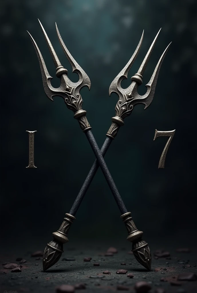 Black background
Two crossed antique tridents in the middle of the image
Not black color
On the right side a number seven
On the left side written ( Tiriri )
