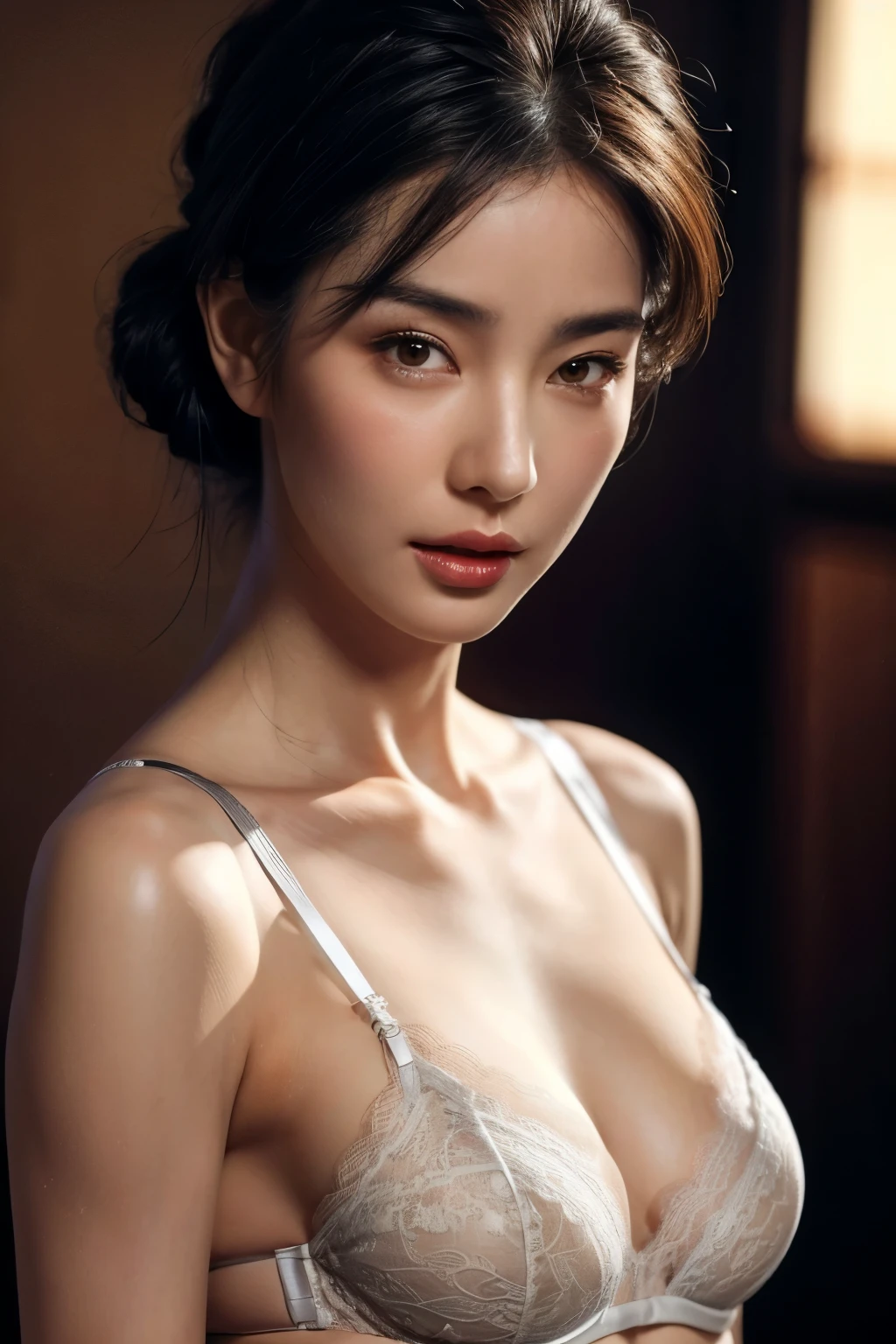 (realistic, photo-realistic:1.4), (masterpiece, best quality:1.2), RAW photo, high resolution, intricate details, extremely detailed, realistic and sharp details, cinematic lighting, portrait, (bust shot:1.5), frontal photography, solo, 1girl, a Japanese woman, dark hair, slender body, detailed face, detailed eyes, sophisticated nose, pale skin, collarbone, (huge breasts, cleavage), (lace lingerie, tiny bra, tiny thong:1.4), photo background, indoors,,,[Sayuri Yoshinaga]