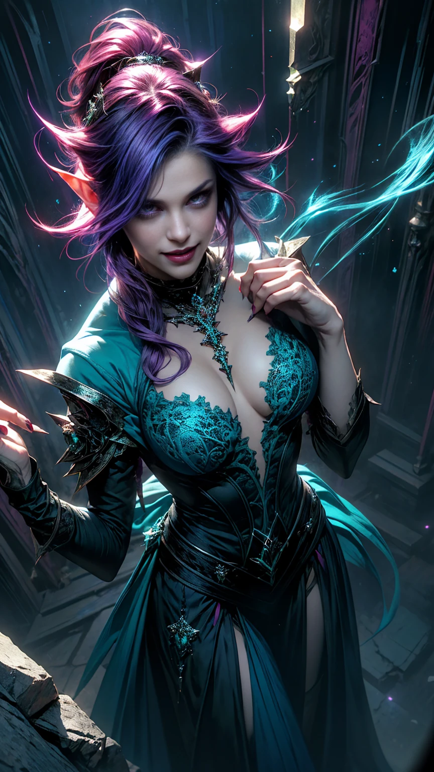 from above, high view shot, in the heart of a fantasy vampire world, a young sexy vampire elf woman with a pink and green style haircut, luminicent hair, elf ears, sexy vampire clothes, blue, pink, green and purple magic aura, smile. In a blue and purple enchanted castle, with cursed walls marked with elfic symbols, vampiric tattoos, sensual pose, magic dust, creates an atmosphere of vampiric magic and elfic magic, energy and neon lights, neon blue , neon purple. good quality eyes, red eyes, ultra detailed, blue, green and purple, magic light effects, masterpiece, 4k, raytracing, medium body, close-up, high view, particles and hard blue-green neon lights, focus on blue and purple color