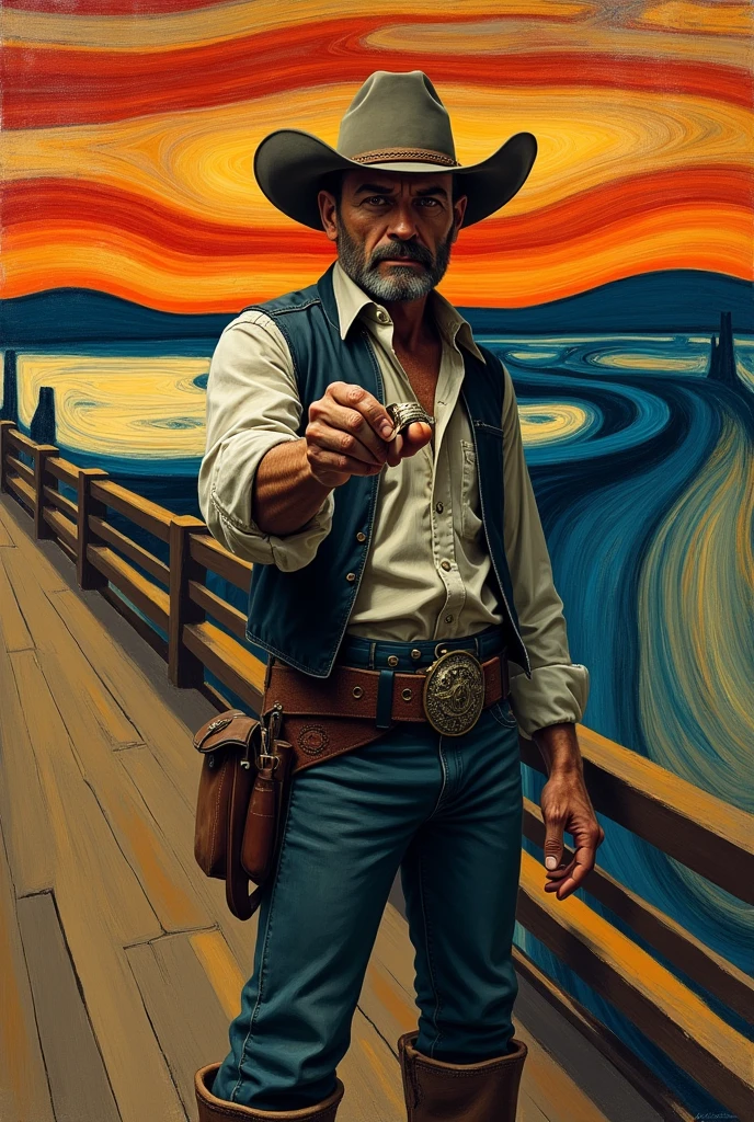 cowboy from the painting The Scream with a ring in his hand