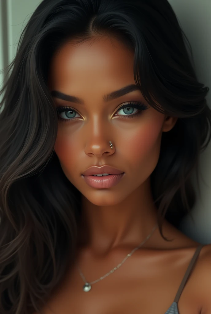 Brown-skinned woman with black hair, blue eyes and full lips