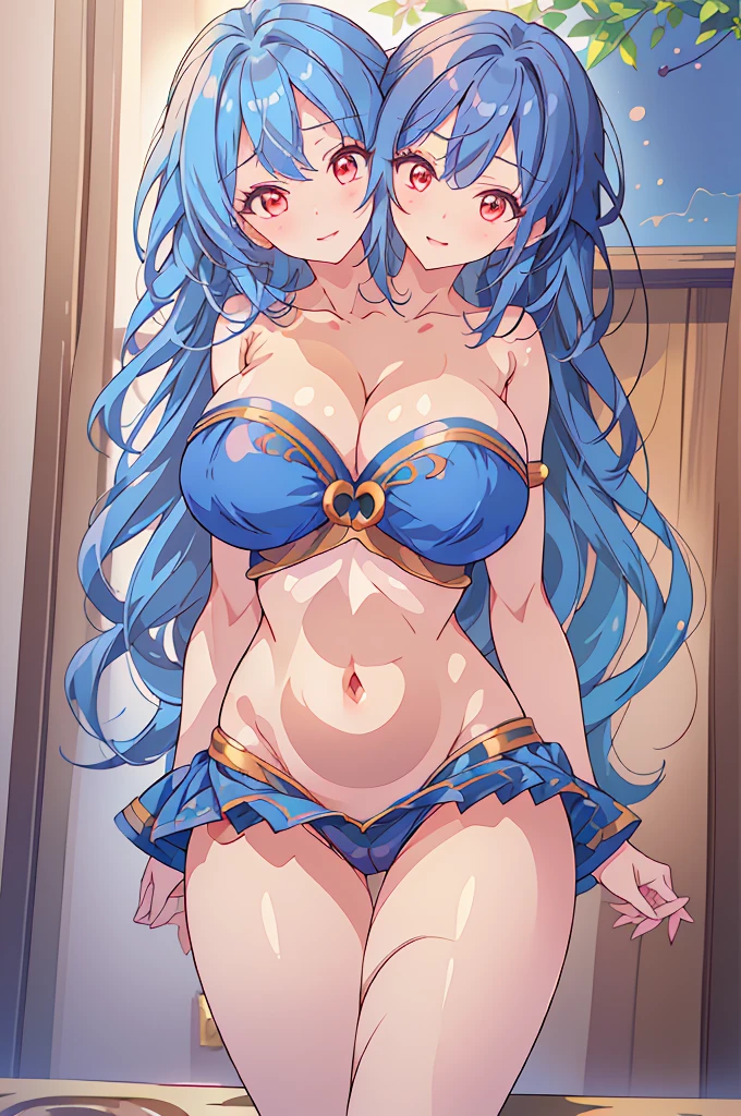 (masterpiece, best quality), best quality, (ultra-detailed), (3heads:1.5), 1girl, (Megumu Iizunamaru:1.3), masterpiece, best quality, ultra quality, ultra resolution, ultra detail, dark blue top, crop top, ((stomach)), midriff, ((groin)), dark blue skirt, normal ears, shackles, blue hair, very long hair, wavy hair, (blunette:1.5), red eyes, detailed eyes, parted lips, open belly, smiling, cute, toned belly, hand on own chest, eyelashes, (24 year old woman:1.3), (masterpiece:1.5), (best quality:1.5), (beautiful detailed), extremely detailed CG, extremely delicate and beautiful, depth of field, (finely detailed face), (perfect details:1.2), (mature female:1.3), wide pelvis, slender, large veiny breast, 16k resolution, highres, high quality, high definition, extremely detailed, masterpiece, blue hair, long hair, alluring presence, three heads, short skirt, close up, very big tits, huge breasts, young, blue tokin, golden pauldron,