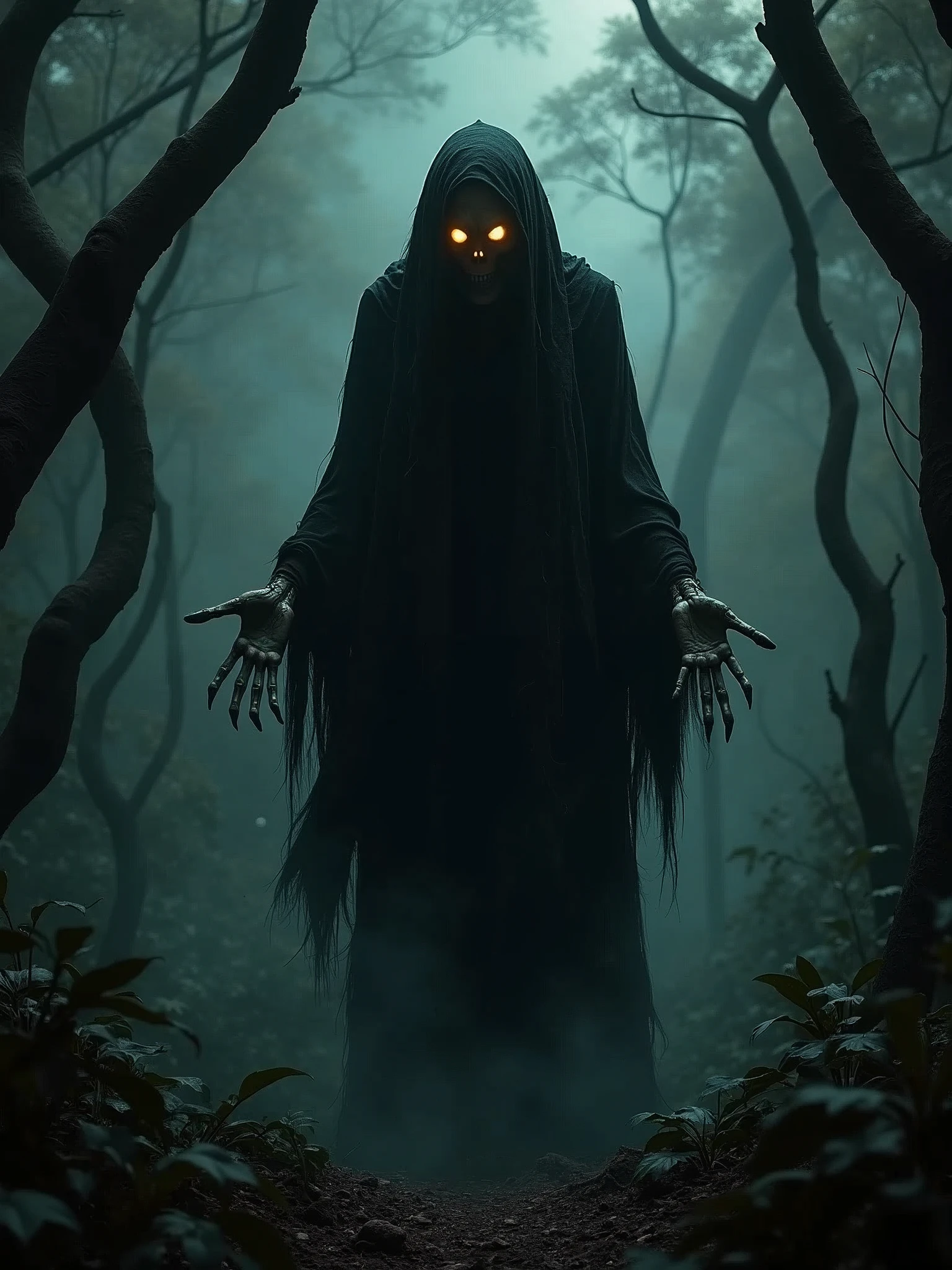 A terrifying figure of the Matinta Perera, an ancient witch from Amazonian folklore, floating in the darkness of a dense, eerie forest. She is hunched over, draped in tattered black robes that blend with the shadows around her. Her face is a haunting void, with no discernible features except for glowing, piercing eyes that seem to burn with malevolent intent. Long, bony fingers extend from her hands, sharp and menacing. The surrounding trees bend and twist unnaturally, as if recoiling from her presence. A chilling, otherworldly aura envelops her, as she prepares to unleash her curse.