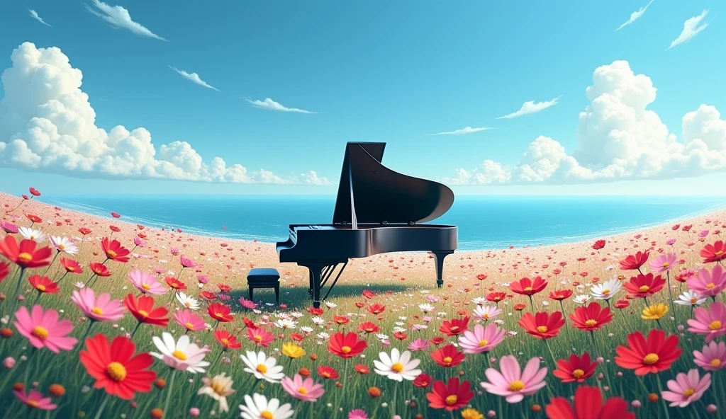 「Under the blue sky、グランドpianoが置かれたFlower Field、黒いグランドpiano、White fluffy clouds、Fantastic landscape」 「グランドpiano、Mysterious atmosphere、Digital Art」 「piano、Flower Field、Fantastic landscape、Silence、Lonely」Flowers swaying in the wind、Cosmos in a variety of colors, including red, white, pink, and yellow、You can see the ocean