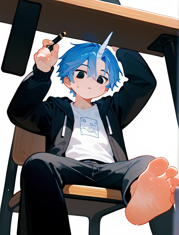 wallpaper,A cute boy showing his feet，sit on the chair，Low Angle，Under table angle，Hold a pen in your right hand，Hold the tablet in your left hand，Black eyes，barefoot，Blue Hair，头上有一个蓝色的Unicorn，Unicorn，black eyes，White T-shirt，Black jacket，Black pants，Sweating on the soles of the feet，Five toes