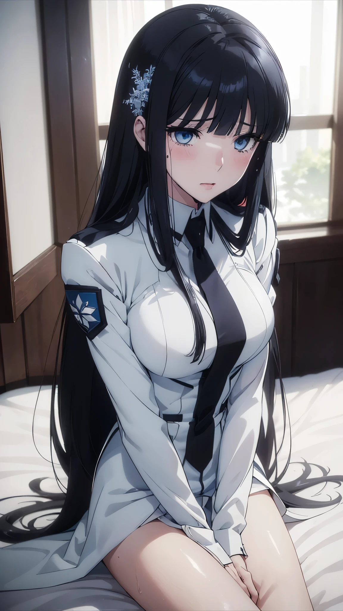 1 personの, alone, masterpiece, Highest quality, The Irregular at Magic High School, Miyuki Shiba, Shiba Miyuki, Iris, blue eyes, tsurime, eyelash, Black Hair, Long Hair, Hime cut, Straight hair, Blunt bangs, blunt end, Side Lock, hair ornaments, snowflake hair ornaments,High School Uniform, dress, white dress, collared dress, Jacket, green Jacket, cropped Jacket, open Jacket, Long sleeve, Large Breasts, (masterpiece: 1.3), (Maximum resolution: 1.2), (Ultra High Definition TV: 1.2), Cinematic Light, 8k resolution, Detailed facial features , (Sharp focus: 1.2）, (Focus on the face:1.2),Perfect Style, Beautiful Face, Acura, Anatomically correct, Highly detailed face and skin texture, Beautiful Eyes,Beautiful Eyes, Thin eyebrows, Natural Cheeks, Glowing Skin, Fair skin: 1.2, (Glossy Lips: 1.4),、 (Embarrassed look: 1.2),Highly detailed face and skin texture, Natural Cheeks, , Glossy Lips: 1.4,Perfect Style、Cleavage、Soft Breasts、（Semen on chest:1.6）（Cum on thighs 1.5）、 Sperm on tongue、Drenched in sweat、Wet clothes、blush、A humiliating look、Anxious expression、Frightened expression、Embarrassed look、Glare、anger、sorrow、tears、Open your knees、Spread your legs、 White underwear、Disheveled clothes、sweating、Thin underwear、18-year-old、 clear, A clean-cut woman,1 person、 Upward-facing chest, Black Hair、blue eyes、Beautiful Eyes、Torn clothing、masturbation behavior、At the bed、（On my back、At the bedLying down、Lying down、White sheets:1.7）、avert your eyes、Straight Long Hair