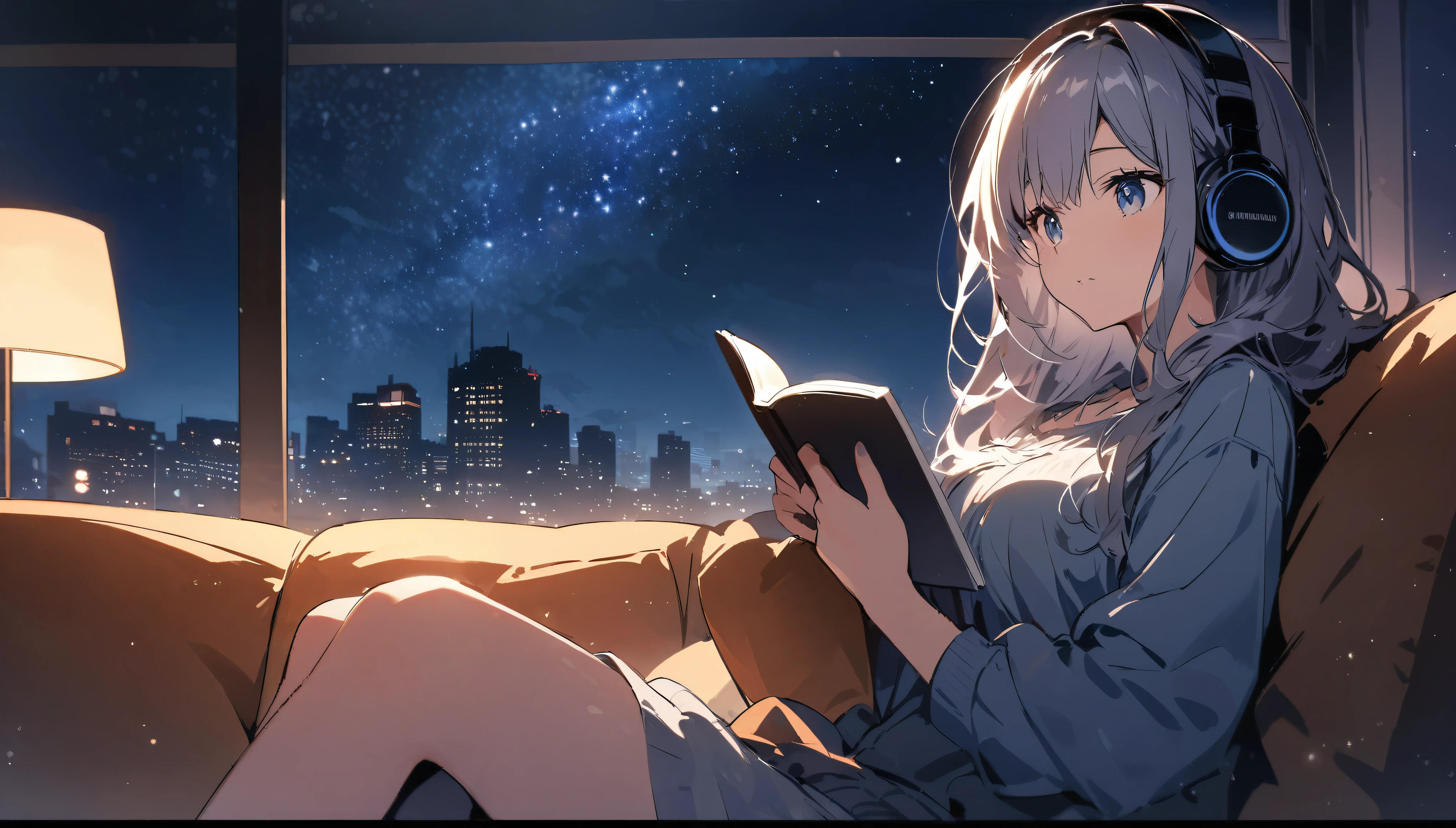 sitting on the sofa and reading a book,In front of a large window,Night starry sky,Streetscape、listen to music、