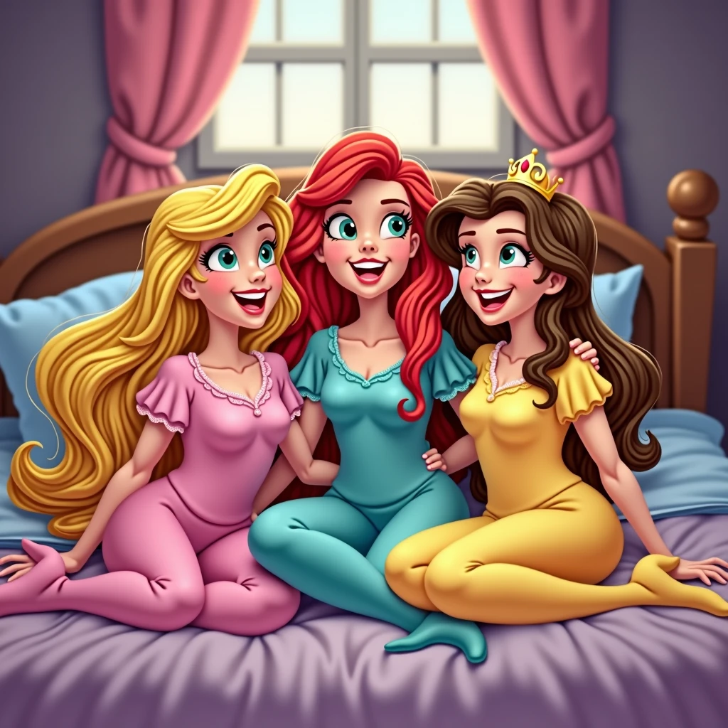 blond sleeping Beauty in a pink pijama, Ariel in turquoise pijama and Belle in a yellow pijama. the 3 friends in a slumber party laughing and having fun