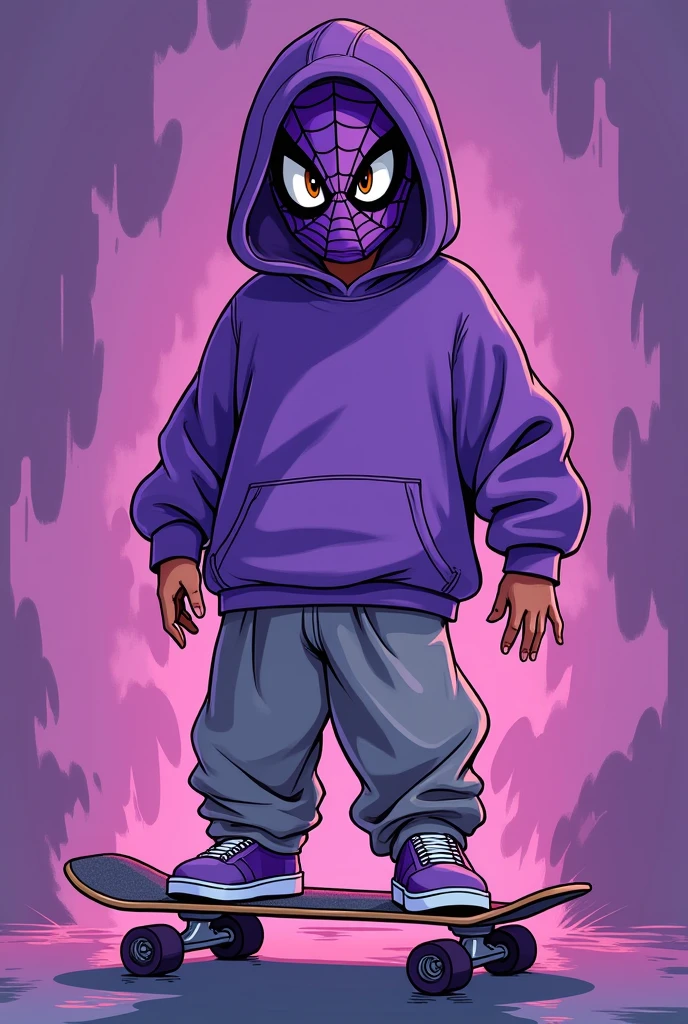 cartoon drawing with a purple spiderman mask, purple hoodie and loose gray pants, with purple shoes and skateboard and brown eyes with purple background