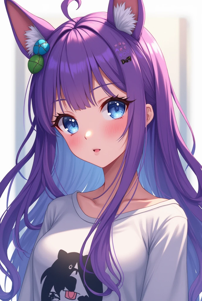 Female character, anime styling, cabelo roxo, long hair, pretty, skin fair, blue colored eyes, wearing an anime shirt