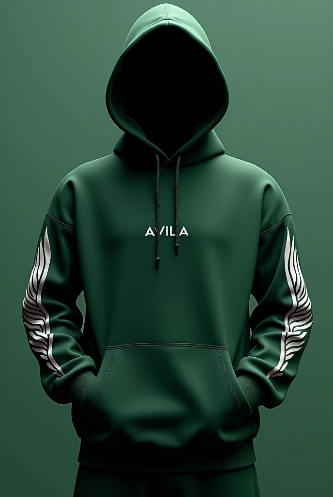 I want a dark green hoodie
and I want my nickname on the heart area that says AVILA, very small
and on one arm, I want a white wing design
And I want the hoodie in 3D

