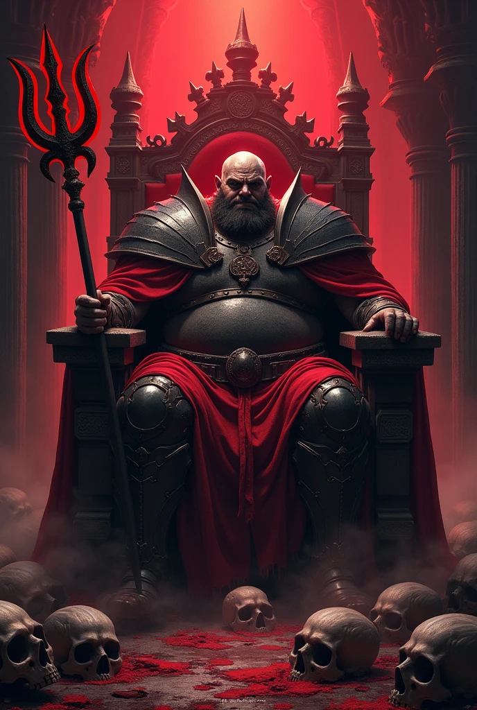 Make an evil fat man with an angry expression, wearing armor and a cape, sitting on a throne in a dark castle,
with a red trident in his right hand. with many skulls on the ground, with a red mist