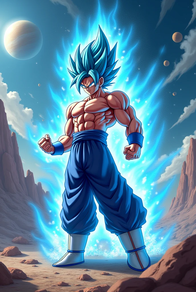 Vegito Super Saiyan Blue throwing a punch with his left hand