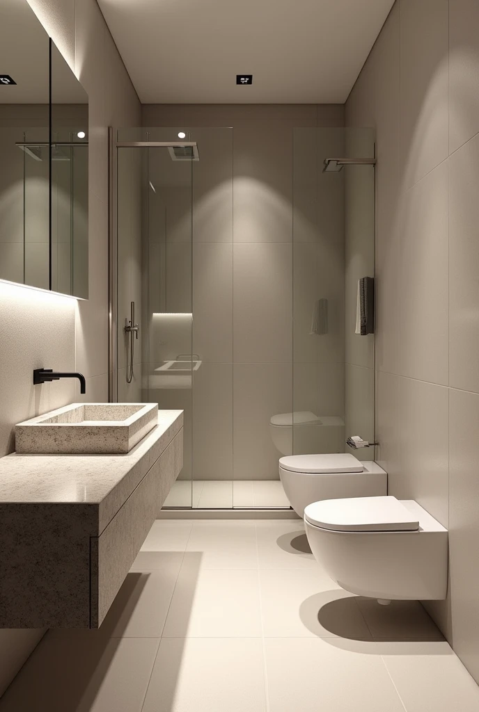 Create a bathroom sketch without a bathtub, with a granite sink on the left next to the toilet, Shower on the left in the background.