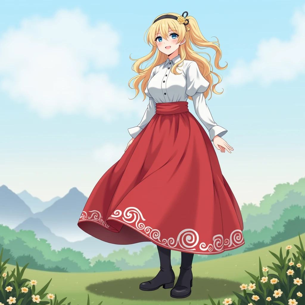 1 girl, big breasts, Red skirt, by the wide, by rubio, blue eyes, White shirt, hair band, black boots, nature, fancy, mountainous horizon