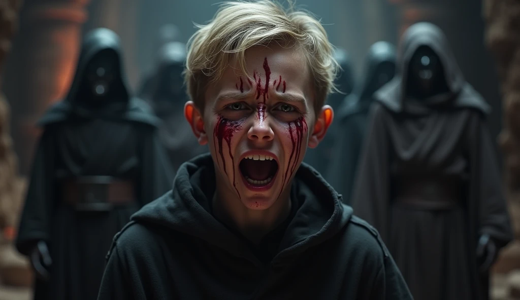 Character based on the world of Star Wars, a 15 years teenager male sith apprentice, dark blonder short hair, yellow eyes, dark simple cloats, inside a dark sith temple, high realism, perfect anatomy, perfect eyes, blood crying, frontal, pain screaming, 4K, 1boy, many sith lords dark spirits around him