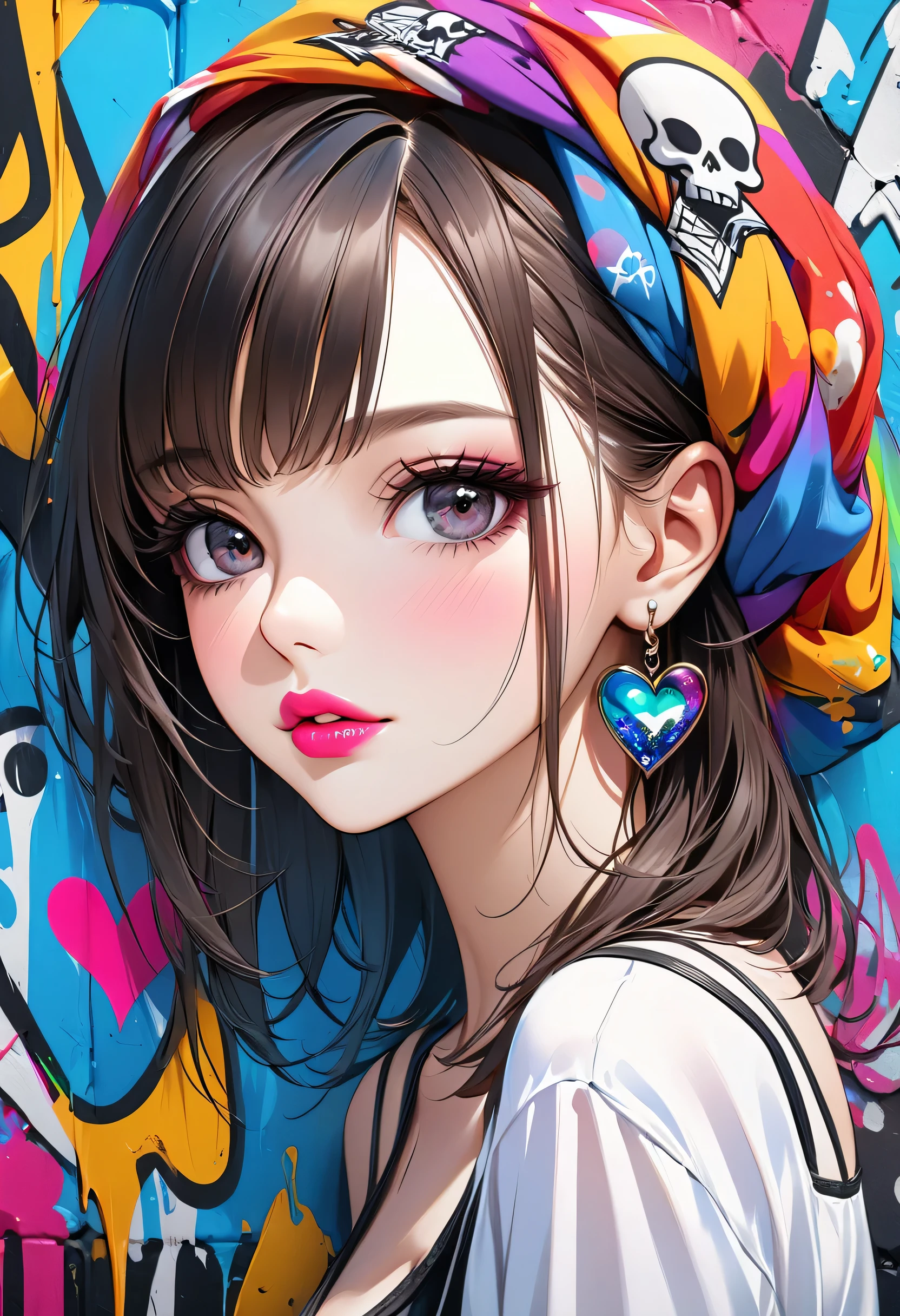 Ultra-realism Micho colorful style, Simple Line Initialism,Abstract art,(((The most beautiful girl of all time))), Sweet face. Lips in love, colorful hearts, stylish design, Summer Skull fashion, Dark Eyes, Graffiti on the wal
