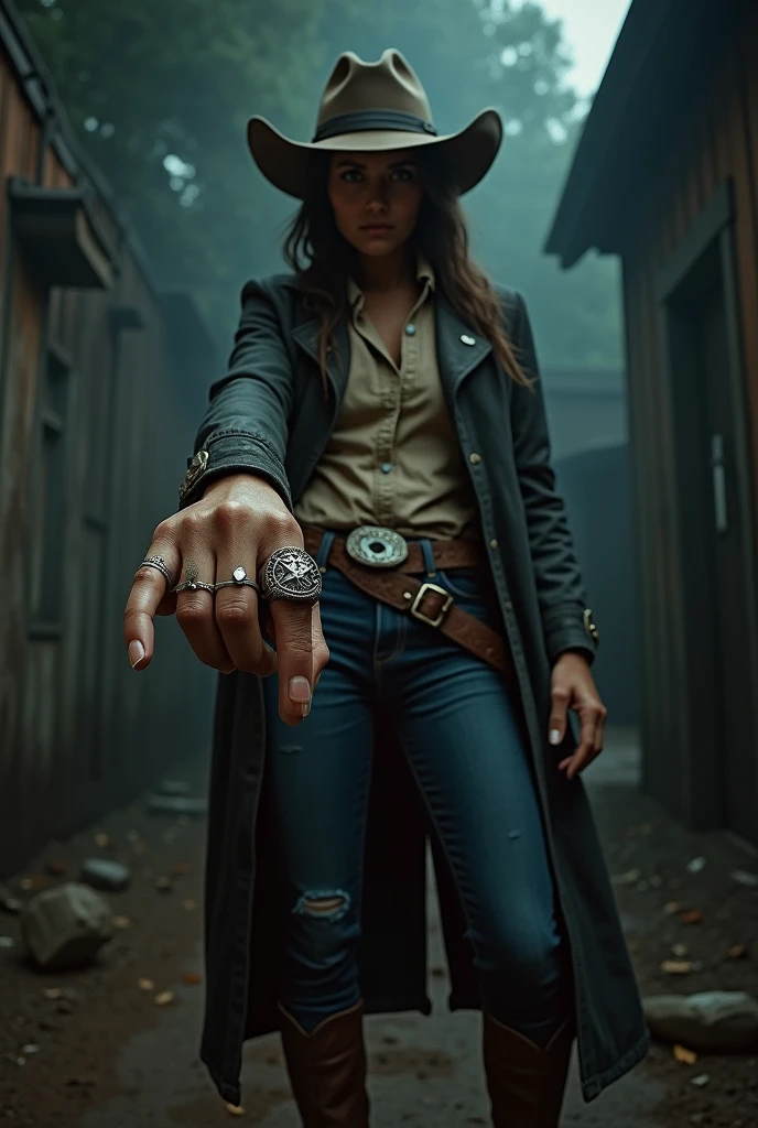 A cowgirl from the scream play with a ring on her hand