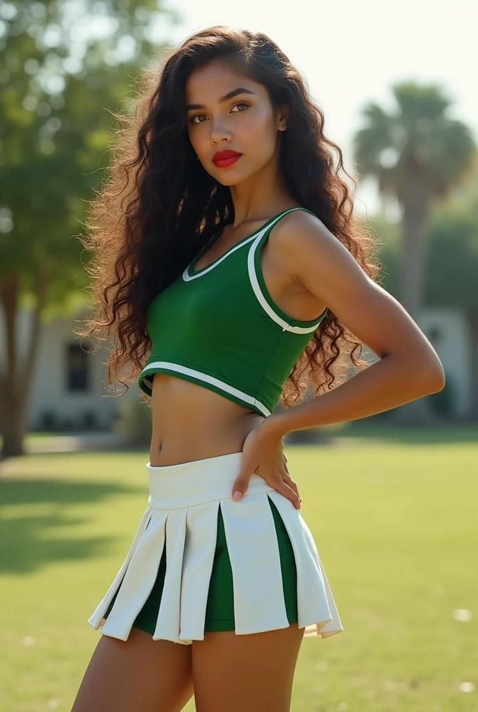 A masterpiece, best quality, 14-year-old Mexican girl (14-year-old teenager: 1;3), young appearance: very slim, small breasts, chubby and oblong face, egg-shaped, full lips covered with red lipstick, very long black curly hair, dressed in a cheerleader outfit , short, tight green blouse (green long top) long white skirt with green vertical stripes ((long white skirt))
background: playing fields and outdoor gyms, garden, park, girl exercising and posing for photos, the whole figure is visible, digital SLR camera, film grain, backlight: daylight, sun.