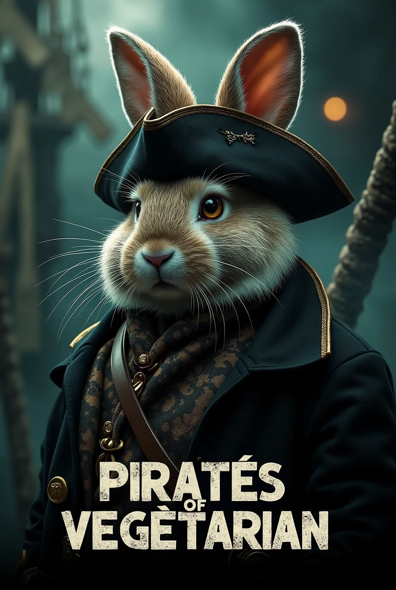 Create a cinematic poster featuring photorealistic portrait of Dressed animals - a ((fat)) angora rabbit pirate, , wearing  pirate costume and  pirate hat , with a serious, intense expression, He should be slightly off-center in the composition, The background should be dark and gritty, pirate's ship with smoky or grunge textures, Use a color scheme of black, deep blues, and dark greens, with subtle silver or gold accents to capture the show's mood, At the bottom of the poster, place the text "PIRATES OF VEGETARIAN" in large, bold, distressed letters, in a sans-serif font. The text should have a cinematic style, with slight shadow or glow effects to make it stand out against the background.