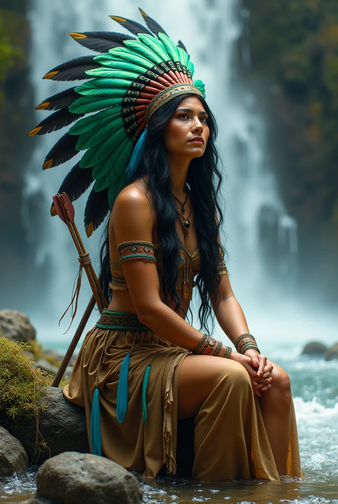 American Indian woman, Trajan wears indigenous clothing, wearing a large headdress with lush green and blue feathers, long hair, gentle features, sitting on a rock at the edge of a waterfall, with a bow and arrow on his back