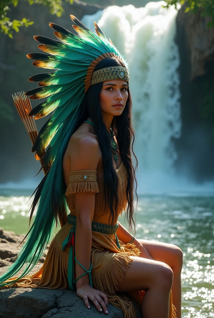 American Indian woman, Trajan wears indigenous clothing, wearing a large headdress with lush green and blue feathers, long hair, gentle features, sitting on a rock at the edge of a waterfall, with a bow and arrow on his back