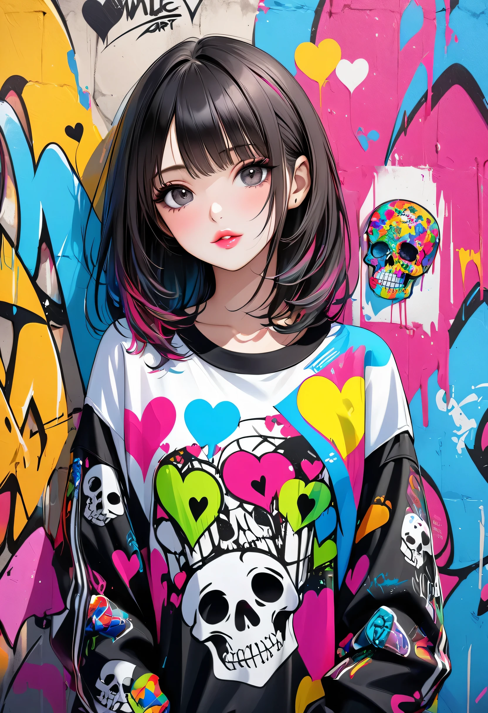 Ultra-realism Micho colorful style, Simple Line Initialism，Abstract art，(((The most beautiful girl of all time))), Sweet face. Lips in love, colorful hearts, stylish design, Summer Skull fashion, Dark Eyes, Graffiti on the wal
