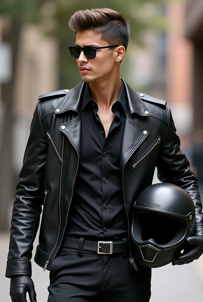 Handsome university male student with sunglasses, his face clean shaved against the grain , holds a black helmet and he wears black formal shoes, black business pants, black leather belt with silver square automatic buckle, not simple and light blue formal shirt, he also wears biker gloves and he has zipped up a bit his biker jacket which has protectors on shoulders and elbows.