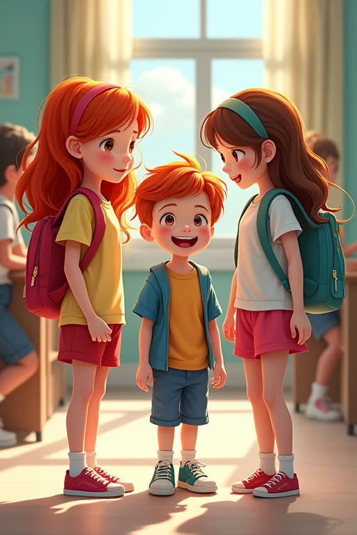 Two girls, one redhead and one brunette, and a boy were at school. They are young.