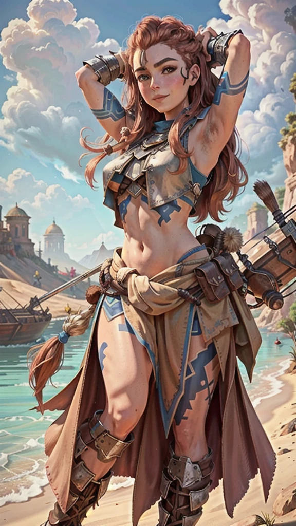 AloyHorizon, solo, long hair, smile, brown hair, hair ornament, navel, brown eyes, weapon, braid, outdoors, parted lips, sky, day, midriff, red hair, armor, blue sky, lips, looking to the side, tattoo, looking away, thick eyebrows, shoulder armor, freckles, showing armpits and pussy half naked, big breast. 