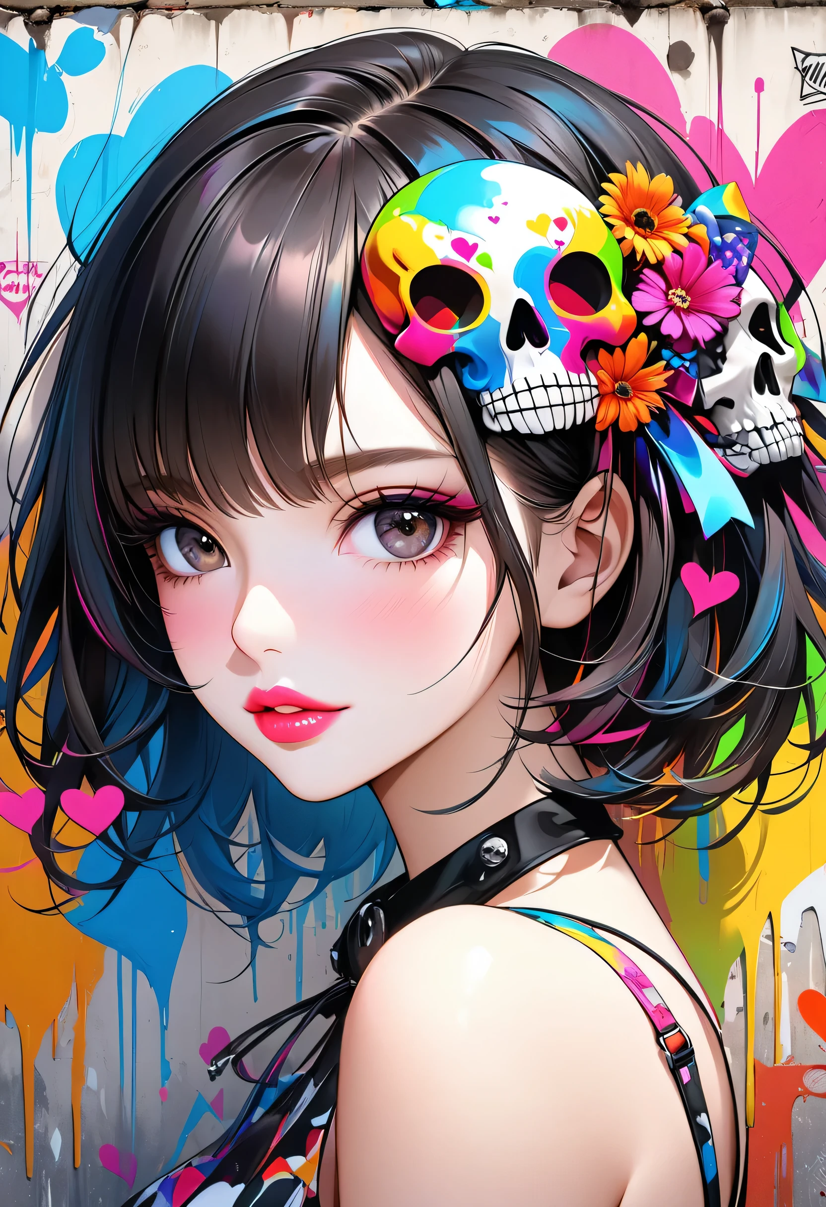 Ultra-realism Micho colorful style, Simple Line Initialism,Abstract art,(((The most beautiful girl of all time))), Sweet face. Lips in love, colorful hearts, stylish design, Summer Skull fashion, Dark Eyes, Graffiti on the wal