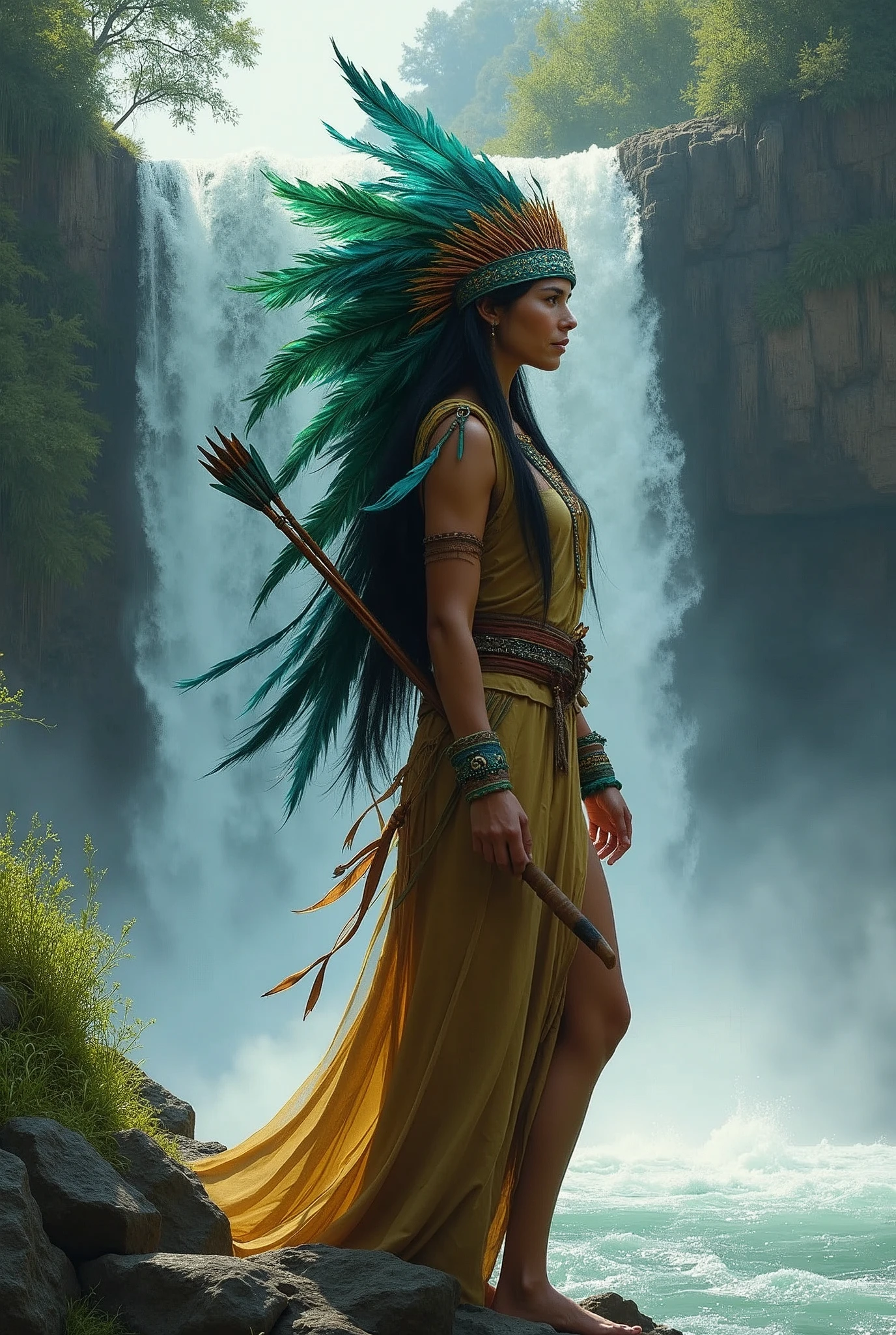 American Indian woman, Trajan wears indigenous clothing, wearing a large headdress with lush green and blue feathers, long hair, gentle features, on the edge of a waterfall, with a bow and arrow on his back