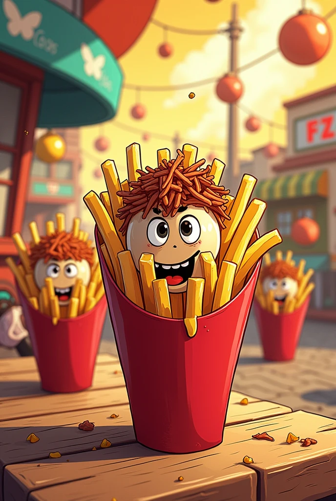 Please create an image of french fries in paper cones with shredded meat topping, melted cheese and sauces , Animated hello Cuphead theme 
