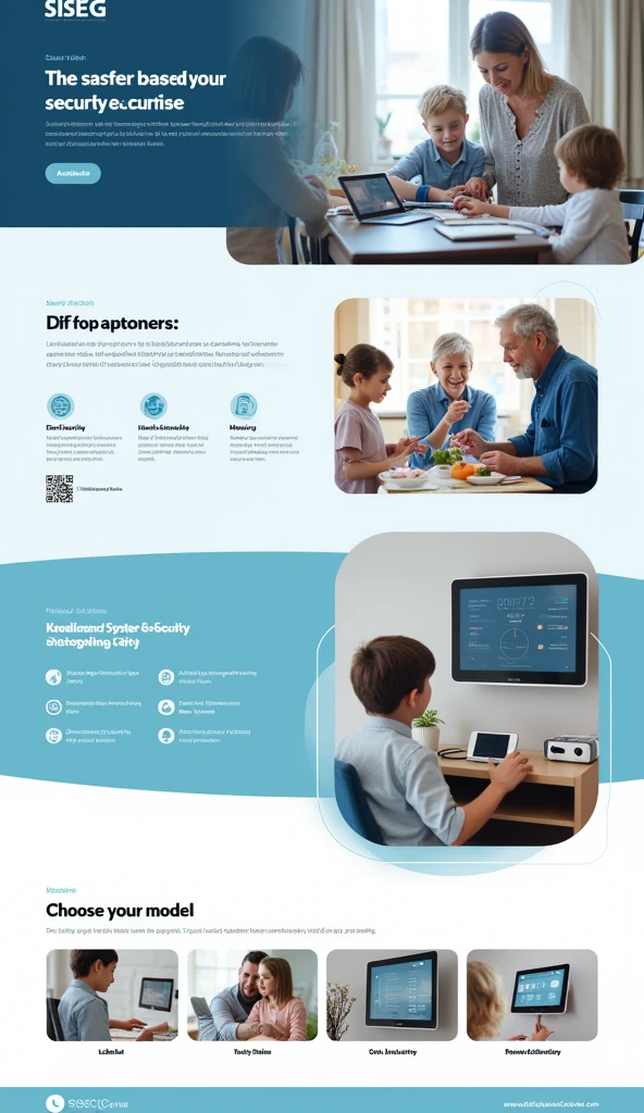 Create the layout of a visually appealing website for SISEG, a security system based on artificial intelligence for home users. The design should be in line with our brand identity and easy for customers to understand at a glance.

	1. layout and content.
	“Title” - ‘SISEG’, in bold, subtitle ‘your safer future’.
	- Sessions: Two main sections - one to explain the system, the other to present the robots.
	- System: “Buster, robust but friendly”, 3 screen shots demonstrating the operation of 3 different interfaces for the internal software that will manage home security.
	- Robots: “Choose your model”, presenting 3 different robot designs as home helpers. They must be the minimum size of a mascot and the maximum size of a child.
	- Visuals: Use simple icons, realistic images, 3D renderings for interfaces and robots. Include a QR code at the bottom for application downloads and technical data. Os Robots should be interacting with children, adults and the elderly. 

	2. Branding and colors:

	- Primary colors: White for titles, Blue for background, silver/charcoal or white for text.
	- Font: Helvetica or Gotham-bold for titles, regular for instructions.
	Images: High-quality, high-tech images that are light and suitable for the home.  Show pictures of the security panels installed in the houses, and people (children and the elderly) looking at the screens. Use light colors.