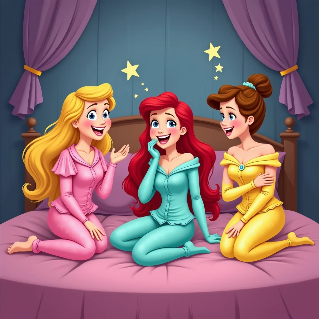 blond sleeping Beauty in a pink pijama, Ariel in turquoise pijama and Belle in a yellow pijama. the 3 friends in a slumber party laughing and having fun