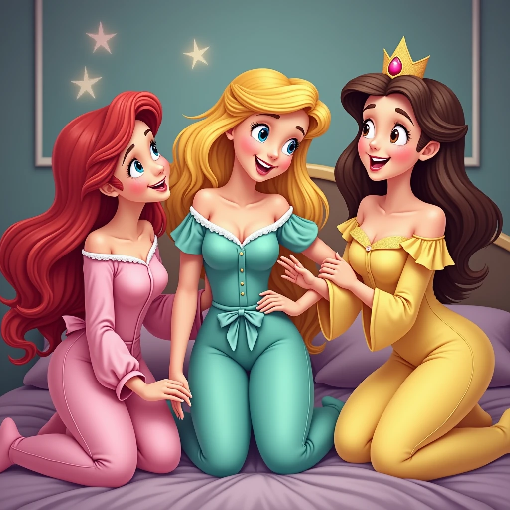 blond sleeping Beauty in a pink pijama, Ariel in turquoise pijama and Belle in a yellow pijama. the 3 friends in a slumber party laughing and having fun