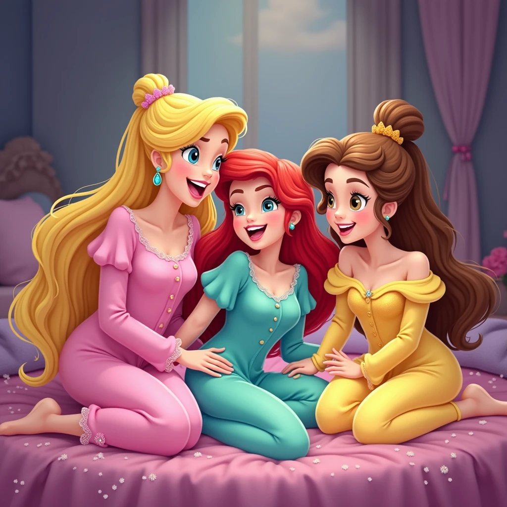 blond sleeping Beauty in a pink pijama, Ariel in turquoise pijama and Belle in a yellow pijama. the 3 friends in a slumber party laughing and having fun