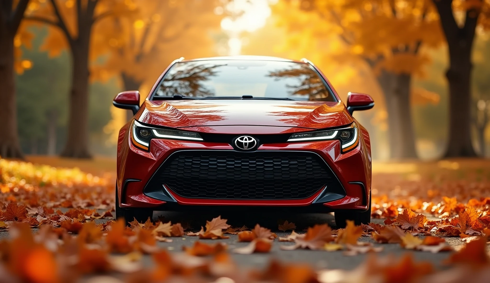 photo,real photo,bokeh, lens flare, atmospheric perspective,blurry background,Toyota、Corolla Sport,Japanese version,autumn leaves,drive,秋のautumn leavesの中を走る,Blurred background、Close-up