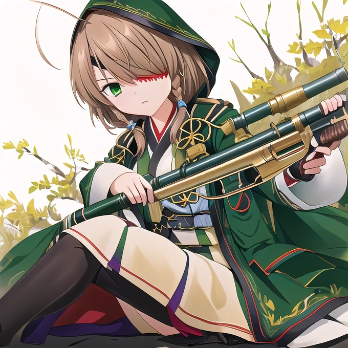 A woman on the verge of collapsing, using a rifle as a cane., Expression of enduring pain, holding a rifle, yamamoto kansuke, light brown hair, short hair, single braid, hair over one eye, ahoge, eyepatch, green eyes