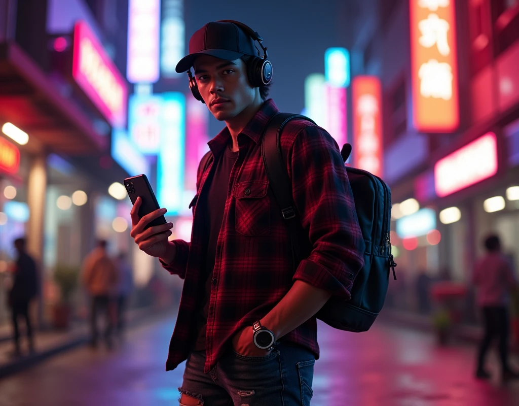 Hyper realistic, a 28 year old Indonesia man walking on the neon cyberpunk street, ideal body, look straight ahead, wearing dark red flannel shirt and dark ripped jeans pants and black hiking hi-shoes with black backward trucker hat, wear dark leather backpack, wear headphone, one hand holding the iPhone 14 Pro Max, masculine photoshoot pose, arrogant man expression, romantic, Bandung night town as background. Use soft photography lighting. top lighting. top lighting, slide lighting, high quality photos, UHD, 64k. shot with Canon EOS 5D Mark IV, cinematic portrait, Realistic face, not changing face, no mustache, Real photo, unchanging face, background change. Real Picture 8k ultra, man, gamer, hyper detailed, sharp focus, studio photo, intricate details, highly detailed, photo real, bright colors, digital graphics, unreal engine, blender art, perfect composition, octane rendering, masterpiece, sharp focus, high detail, art station, concept art, perfect composition, a model of ultra-high quality and clarity, perfect play of light and shadow, 32k UHD, hyper-detailing, complex artistic masterpiece, ((best quality)), ((masterpiece)), (detailed), perfect face
