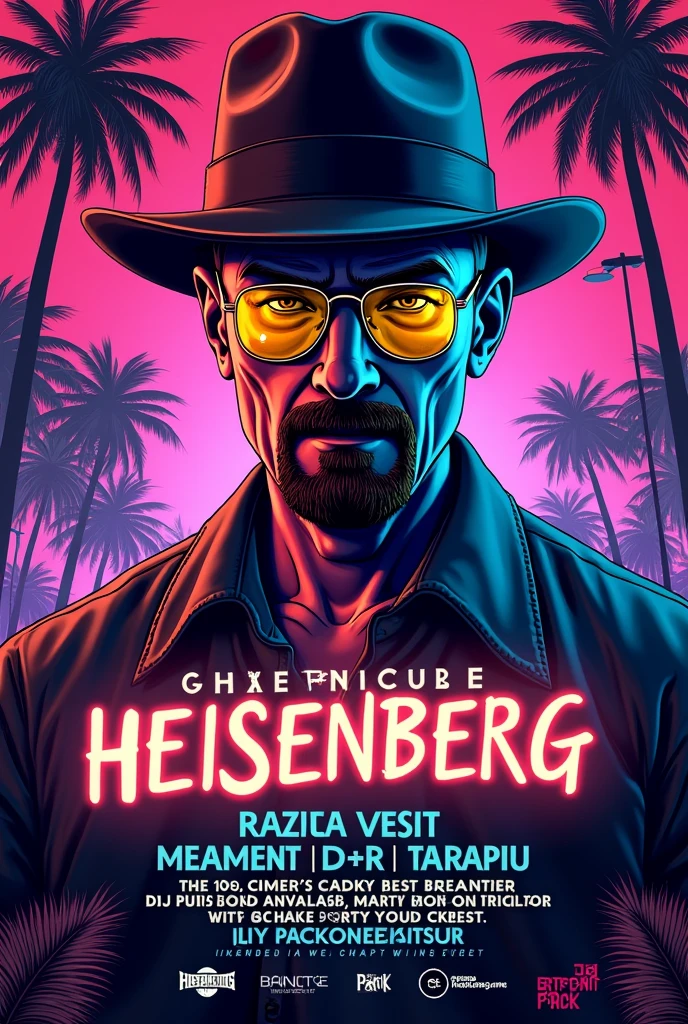 Create a flyer for a nightclub party inspired by Breaking Bad, in which I include Heisenberg in tropical style, photos of a party and space to add photos of djs